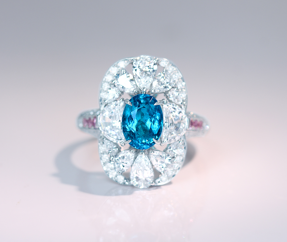 【HANDMADE】PT950　パライバトルマリン　1.44ct　ピンクダイヤモンド　0.116ct　ダイヤモンド　 2.108ct　リング　[GIA/AGT] - Jewel planet superb Handmade -