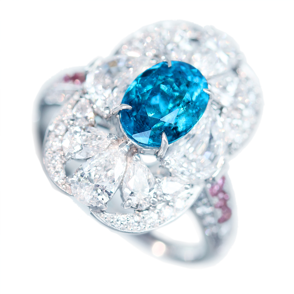 【HANDMADE】PT950　パライバトルマリン　1.44ct　ピンクダイヤモンド　0.116ct　ダイヤモンド　 2.108ct　リング　[GIA/AGT] - Jewel planet superb Handmade -