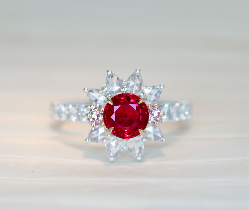 【HANDMADE】 PT950/K18PG　非加熱ルビー ピジョンブラッド　1.02ct　FANCY LIGHT PURPLISH PINK 0.046ct VERY LIGHT PURPLISH PINK 0.052ct　0.871ct　リング [AIGS][中央宝石研究所]